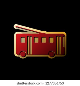 Trolleybus sign. Vector. Red icon with small black and limitless shadows at golden sticker on black background.