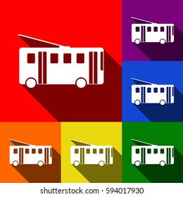 Trolleybus sign. Vector. Set of icons with flat shadows at red, orange, yellow, green, blue and violet background.