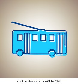 Trolleybus sign. Vector. Sky blue icon with defected blue contour on beige background.