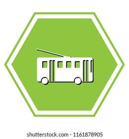 Trolleybus sign. Vector. White icon with black shadow at yellow green honeycomb on white background.