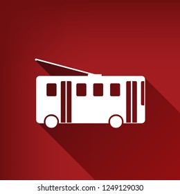 Trolleybus sign. Vector. White icon with limitless shadow at ruby red background.