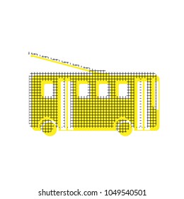 Trolleybus sign. Vector. Yellow icon with square pattern duplicate at white background. Isolated.