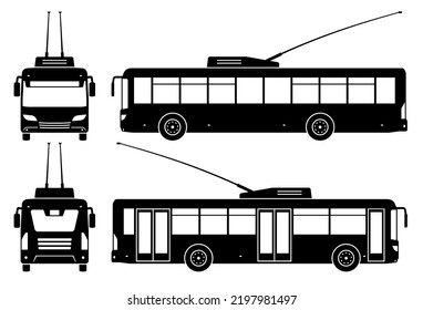 Trolleybus silhouette on white background. Vehicle icons set view from side, front, and back