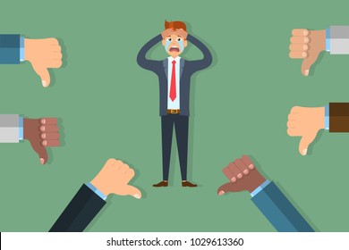 Trolling, bullied person concept. Eps vector illustration of hands showing thumbs down to crying man on green background. 