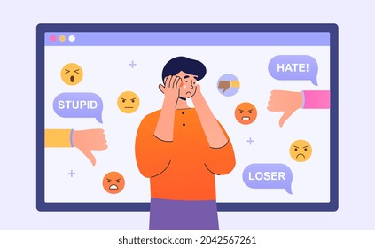 Trolling online concept. Man crying amid comments.Social media, chatting, communication. Bad reviews, dislike, hate. Online insults. Cartoon flat vector illustration isolated on white background