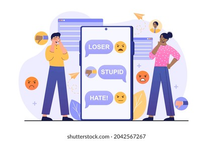 Trolling online concept. Man and woman standing next to smartphone. Social media, chatting, communication. Bad reviews, comments, dislike. Flat vector illustration isolated on white background