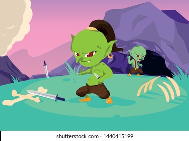 trolls ugly of fairytale with cave and bones