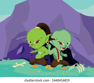 trolls ugly of fairytale with cave and bones