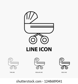 trolly, baby, kids, push, stroller Icon in Thin, Regular and Bold Line Style. Vector illustration