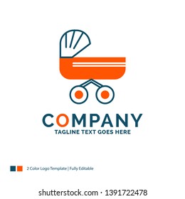 trolly, baby, kids, push, stroller Logo Design. Blue and Orange Brand Name Design. Place for Tagline. Business Logo template.