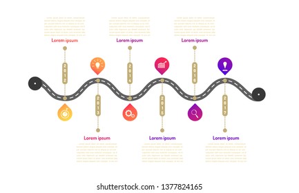 trolway roadmap timeline elements with markpoint graph think search gear target icons. vector illustration eps10