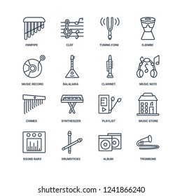 Trombone, Album, Drumsticks, Sound bars, Music store, Panpipe, Record, Chimes, Clarinet outline vector icons from 16 set