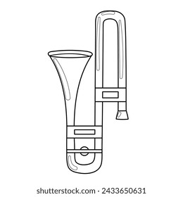 Trombone black and white musical instrument. Outline brass trumpet element in cartoon style. Vector illustration