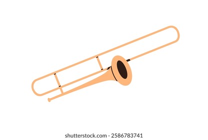 Trombone, brass wind music instrument with slide and mouthpiece. Classic jass woodwind trumpet, icon. Flat graphic vector illustration isolated on white background