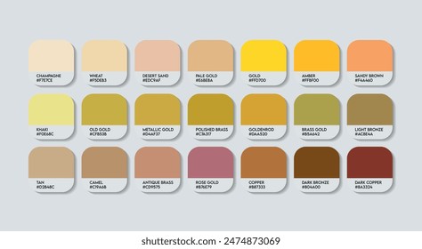 Paleta de colores de trombón, Paleta de guías de colores de trombón con nombres de colores. Catálogo Muestras de color de trombón con códigos y nombres RGB HEX. Vector de la paleta de los Colores del trombón, paleta del color del oro de la moda