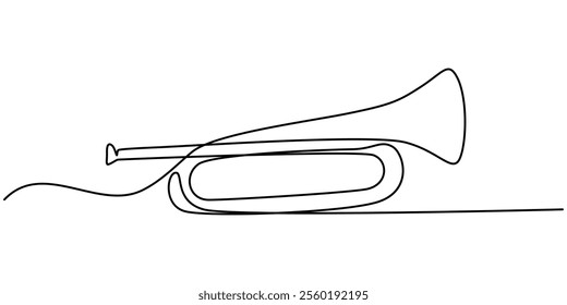 Trombone continuous one line drawing pro vector illustration, Thin line icon of trombone music instrument on white background, Thin line icon of a trumpet music instrument on white background.  