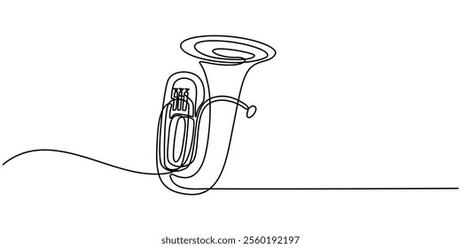 Trombone continuous one line drawing pro vector illustration, Thin line icon of trombone music instrument on white background, Thin line icon of a trumpet music instrument on white background.  