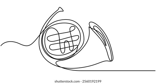 Trombone continuous one line drawing pro vector illustration, Thin line icon of trombone music instrument on white background, Thin line icon of a trumpet music instrument on white background.  