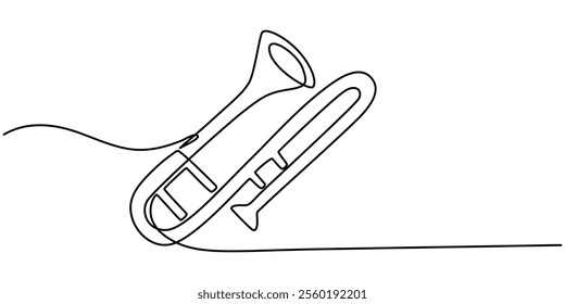 Trombone continuous one line drawing pro vector illustration, Thin line icon of trombone music instrument on white background, Thin line icon of a trumpet music instrument on white background.  