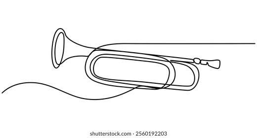 Trombone continuous one line drawing pro vector illustration, Thin line icon of trombone music instrument on white background, Thin line icon of a trumpet music instrument on white background.  