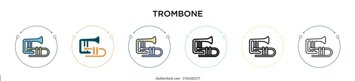 Trombone icon in filled, thin line, outline and stroke style. Vector illustration of two colored and black trombone vector icons designs can be used for mobile, ui, web