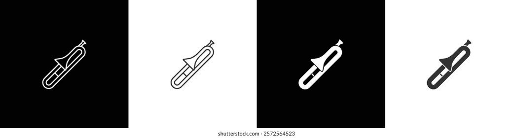 Trombone icon. Inflatable musical instrument art vector icons. Trumpet icon vector illustration in black, white and transparent background. Eps10