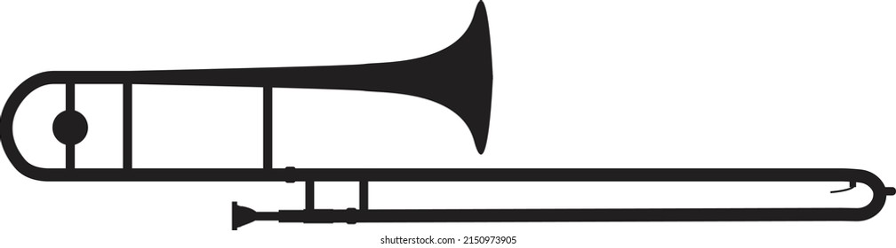 Trombone icon on white background. Black silhouette of trombone sign. A musical wind instrument. flat style.