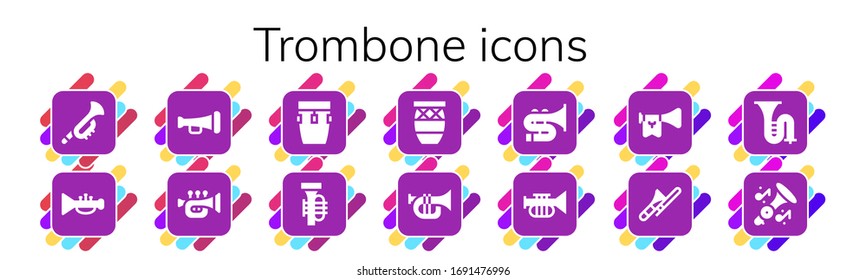 trombone icon set. 14 filled trombone icons. Included Trumpet, Conga, Tuba, Trombone icons