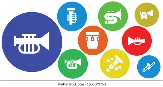 trombone icon set. 9 filled trombone icons.  Simple modern icons such as: Trumpet, Tuba, Trombone, Conga