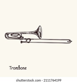 Trombone. Ink black and white doodle drawing in woodcut style with inscription.