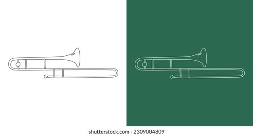 Trombone line drawing cartoon style. Brass instrument trombone clipart drawing in linear style isolated on white and chalkboard background. Musical wind instrument clipart concept, vector design