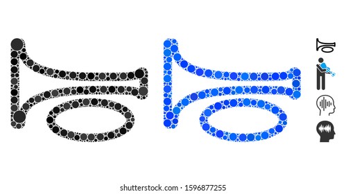 Trombone mosaic of round dots in various sizes and color tints, based on trombone icon. Vector round dots are combined into blue mosaic. Dotted trombone icon in usual and blue versions.