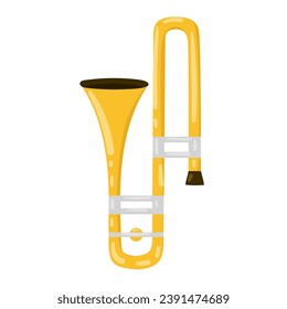 Trombone musical instrument isolated on white background. Brass trumpet element in cartoon style. Vector illustration