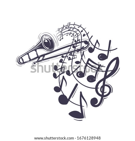 A trombone with musical notes. Jazz music concept. Vector illustration in hand drawn sketch style isolated on white background