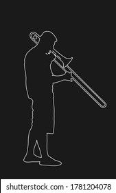 Trombone player line contour vector illustration. Music man play wind instrument silhouette. Music artist boy. Jazz man. Bugler street performer. Musician play trumpet. Entertainment  music event.