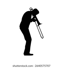 Trombone player silhouette. Jazz musical instrument of trombone player silhouette isolated on white background. Vector Illustration