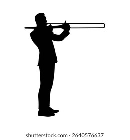Trombone player silhouette. Jazz musical instrument of trombone player silhouette isolated on white background. Vector Illustration