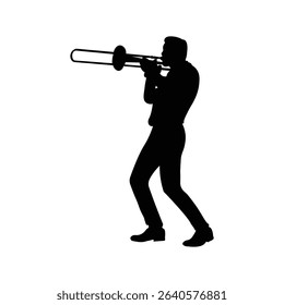 Trombone player silhouette. Jazz musical instrument of trombone player silhouette isolated on white background. Vector Illustration