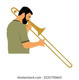 Ilustración vectorial del jugador del trombón aislada. El hombre de la música toca el instrumento de viento. Artista de jazz. Artista callejero Bugler. Un músico toca la trompeta. Entretenimiento público. Evento de música clásica.