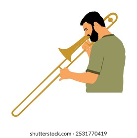 Ilustración vectorial del jugador del trombón aislada. El hombre de la música toca el instrumento de viento. Artista de jazz. Artista callejero Bugler. Un músico toca la trompeta. Entretenimiento público. Evento de música clásica.