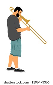 Trombone player vector illustration. Music man play wind instrument. Music artist boy. Jazz man. Bugler street performer. Musician play trumpet. Entertainment for public. Classic music event.