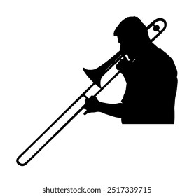 Trombón jugador Vector silueta ilustración aislada. El hombre de la música toca el instrumento de viento. Artista de jazz. Artista callejero Bugler. Un músico toca la trompeta. Entretenimiento público. Evento de música clásica.