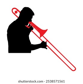 Trombone player vector silhouette illustration isolated. Music man play wind instrument. Artist jazz man. Bugler street performer. Boy musician play trumpet. Public entertainment. Classic music event.