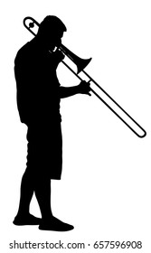 Trombone player vector silhouette illustration isolated. Music man play wind instrument. Artist jazz man. Bugler street performer. Musician play trumpet. Public entertainment. Classic music event.