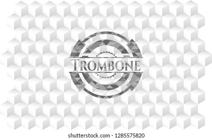 Trombone realistic grey emblem with geometric cube white background