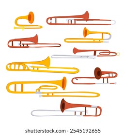 trombone set cartoon. jazz music, banda de instrumentos, som músico trombone sinal. isolado símbolo ilustração vetorial