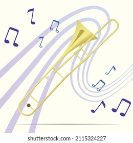 Trombone vector illustration.  Orchestra Wind musical instrument. Gradient golden colors. Musical notes