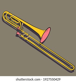 trombone in yellow and pink tones hand drawing outline symbol icon on dark background. Vector