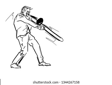 Trombonist on stage. Hand drawn trombone player. Black lines on white background. Musical vector drawing. Grahpic element.