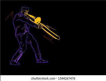 Trombonist on stage. Neon colors. Colorful lines on black background. Musical vector illustration. Hand drawn trombone player.